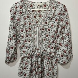 Max Studio Cream and Red Wrap style Blouse with 3/4 Sleeves